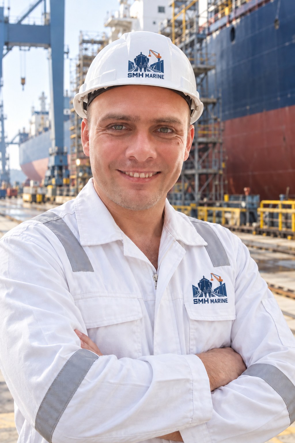 Adem Çorbacı at a shipyard wearing SMH Marine safety equipment